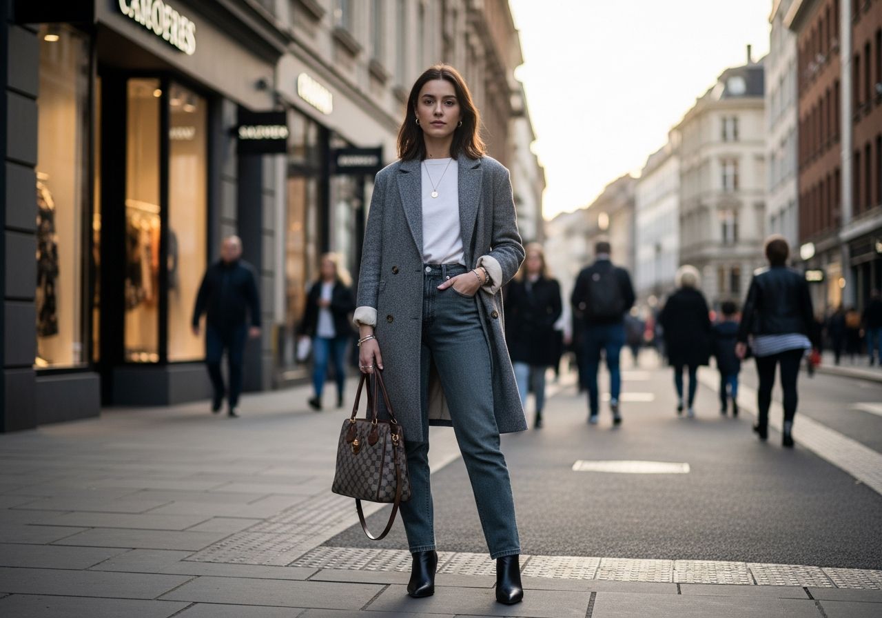 Žena v moderním oblečení stojí na rušné městské ulici za zlaté hodiny s minimalistickými doplňky.