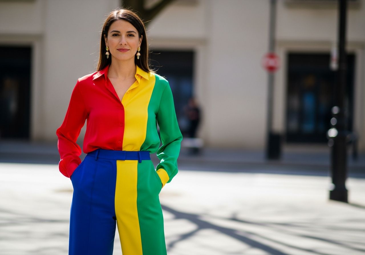 Stylová žena v barevném oblečení stojí na městském pozadí, ukazující vliv barev na módu.