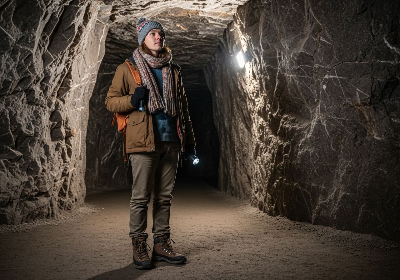 Turista před vchodem do solného dolu Wieliczka v teplém oblečení s baterkou v ruce.