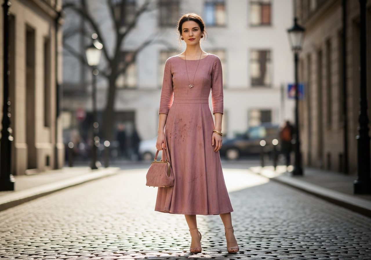 Mladá žena v růžových šatech stojí na městské dlažbě s vintage kabelkou a minimalistickými podpatky.