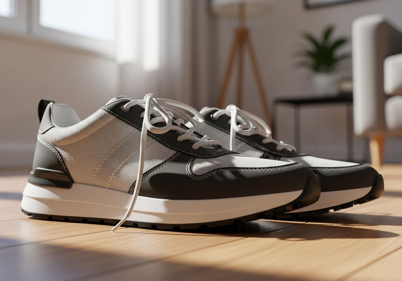 Pár moderních tenisek na dřevěné podlaze v přirozeném světle v minimalistickém interiéru.