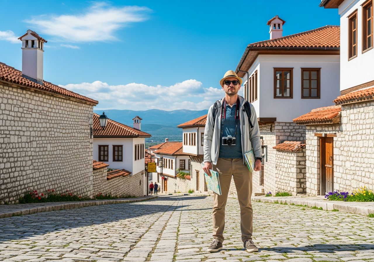Stylový cestovatel v Albánii na kamenné ulici s mapou a fotoaparátem pod modrou oblohou.