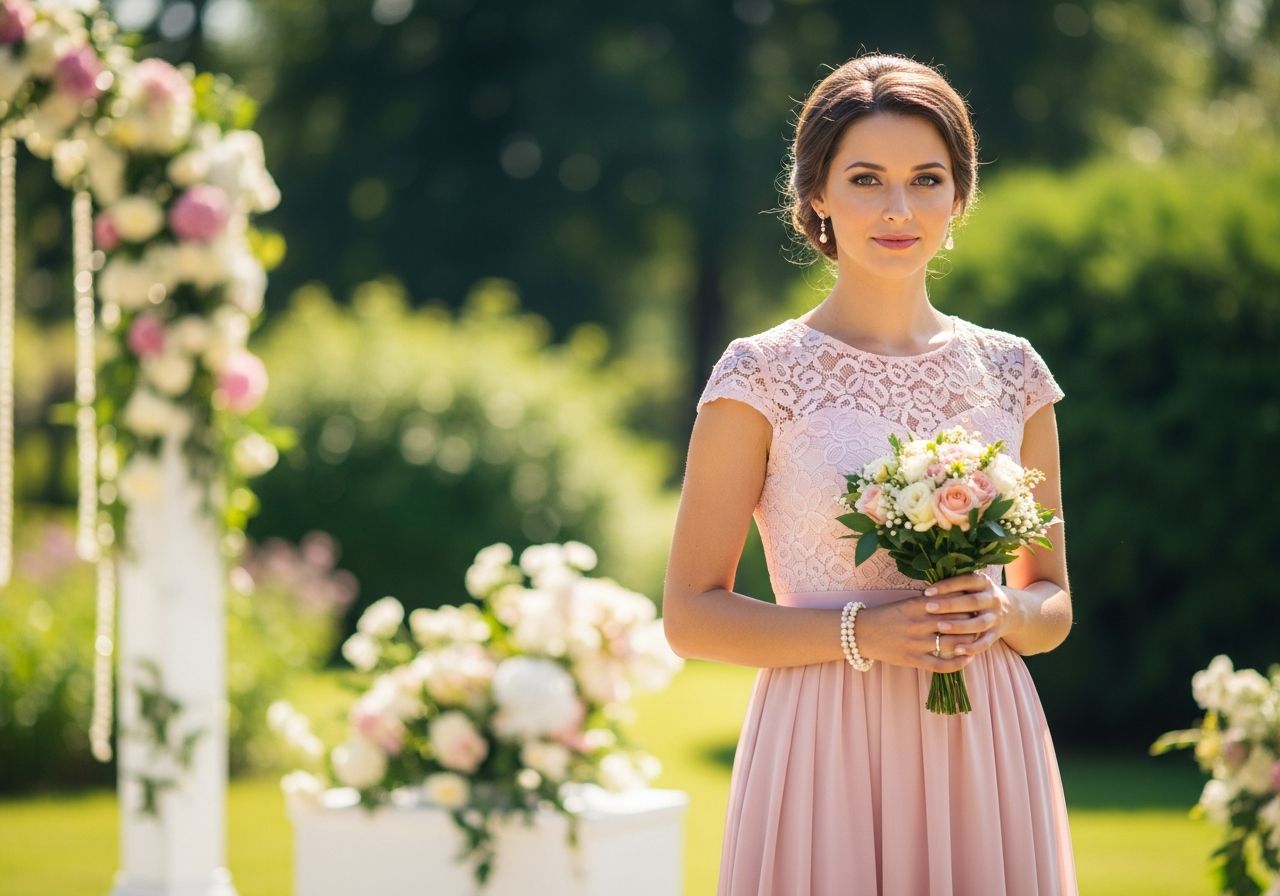 Elegantní družička v krátkých růžových šatech s kyticí na venkovní svatbě v zahradě