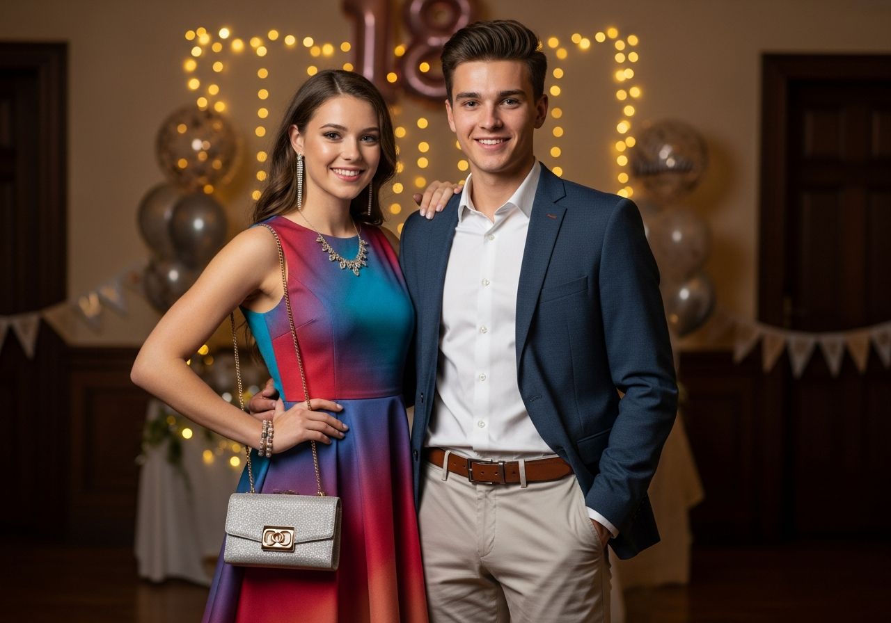 Mladý pár v elegantním oblečení na osmnáctiny, stojí v oslavené místnosti s balónky a světýlky.