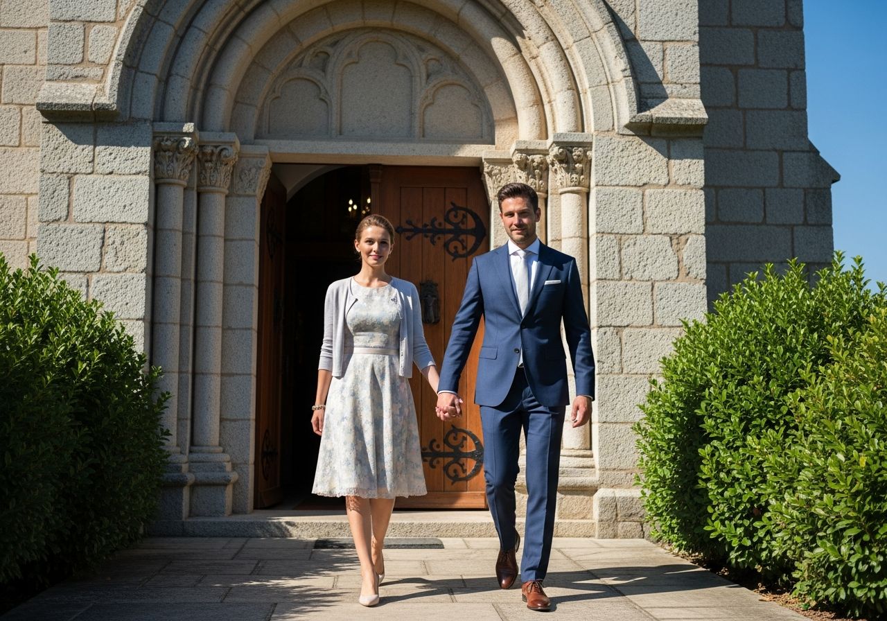 Mladý pár v elegantním oblečení vstupuje do kostela za slunečného dne.