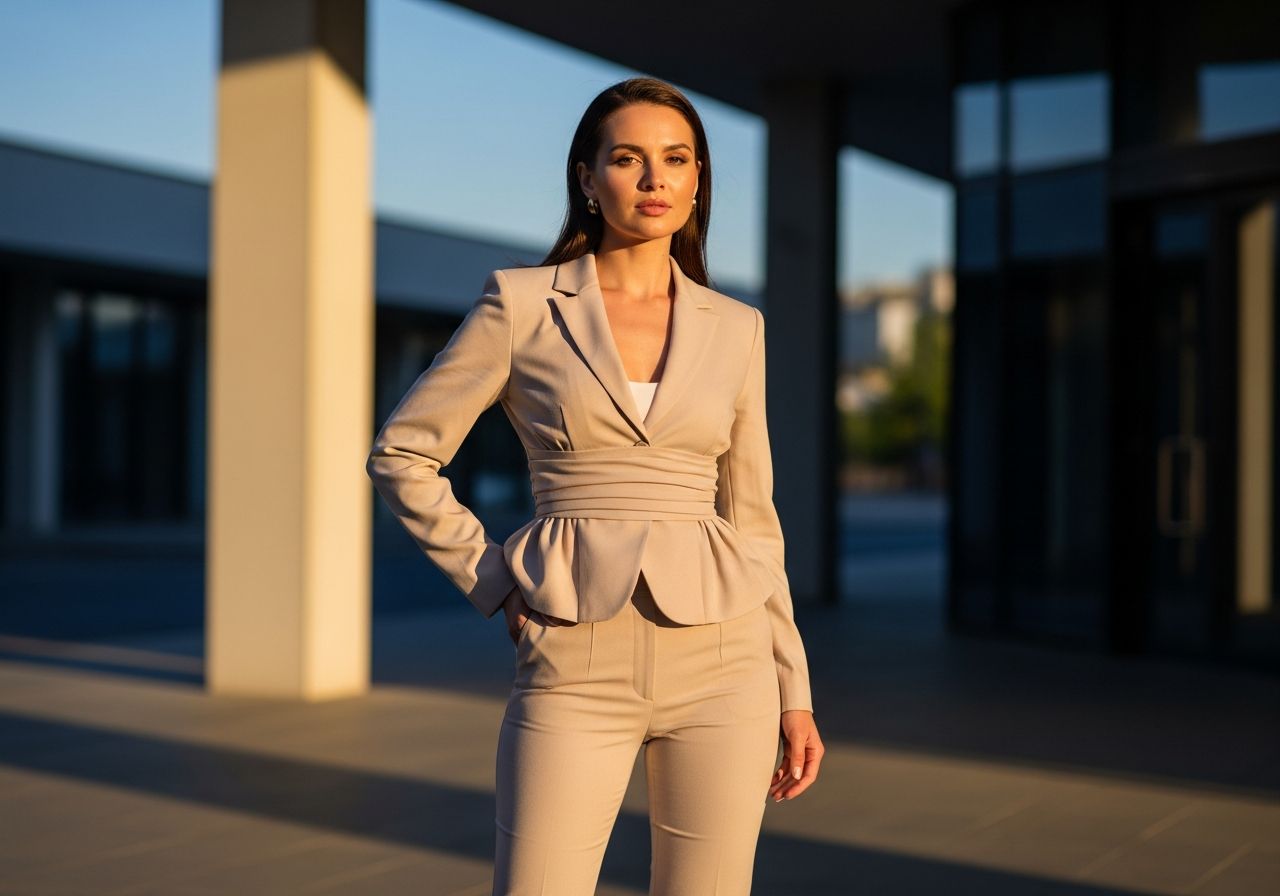 Stylová žena v moderním městském prostředí při zlaté hodině v elegantním outfitu