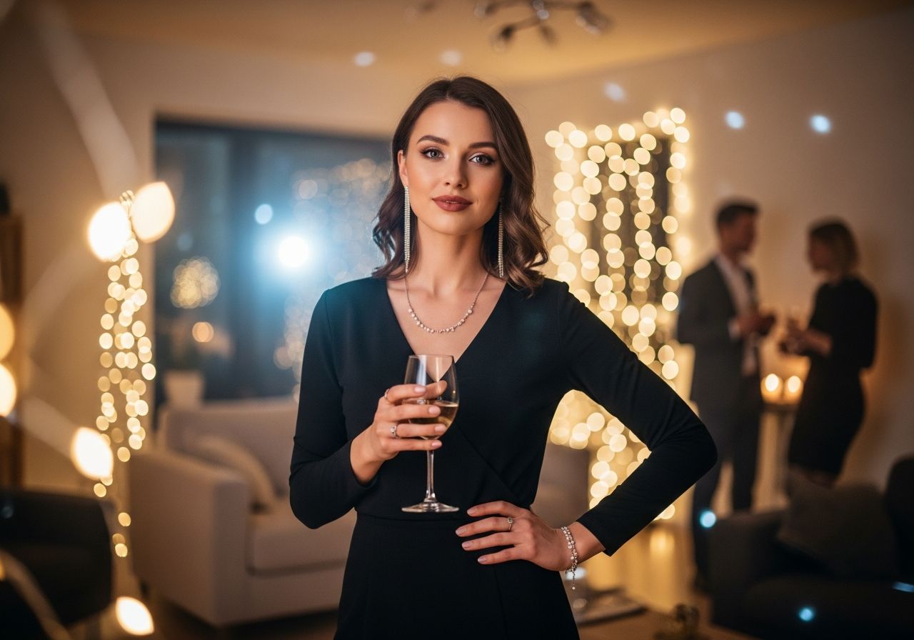 Stylová žena s vínem stojí na večírku v moderním obývacím pokoji s rozostřeným pozadím.