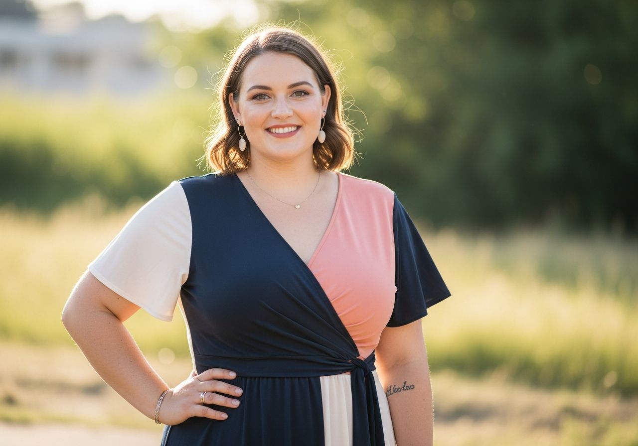 Žena s nadváhou v barevných šatech stojí venku, usmívá se, přírodní rozostřené pozadí.