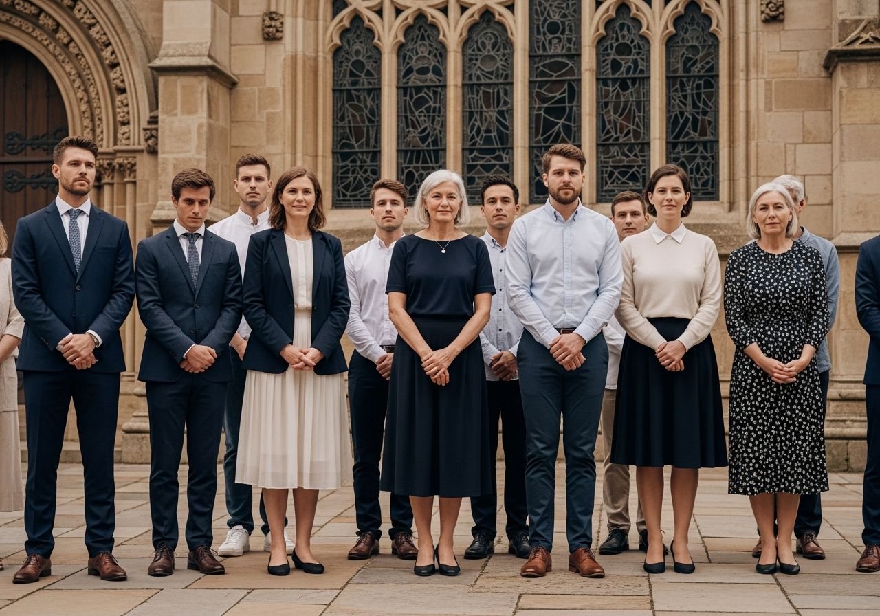 Skupina lidí v elegantním oblečení stojí před historickým kostelem za denního světla.