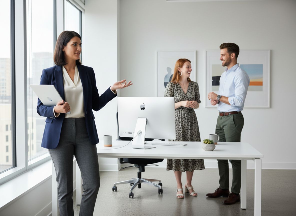 Čtyři profesionálové v moderní kanceláři při práci a konverzaci, oblečeni v business casual stylu.