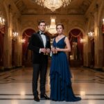 Elegantní pár v operním sále s dalekohledy, stojící na mramorové podlaze mezi zlatými dekoracemi