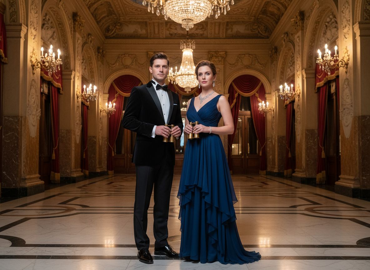 Elegantní pár v operním sále s dalekohledy, stojící na mramorové podlaze mezi zlatými dekoracemi